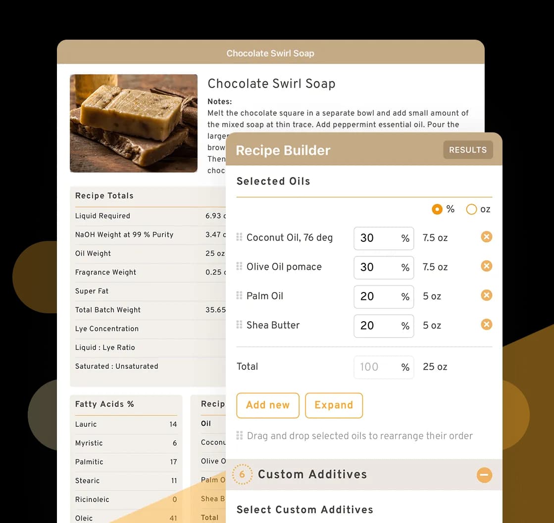 Soapmaking Friend app screenshots showing recipe builder, inventory, and batch management